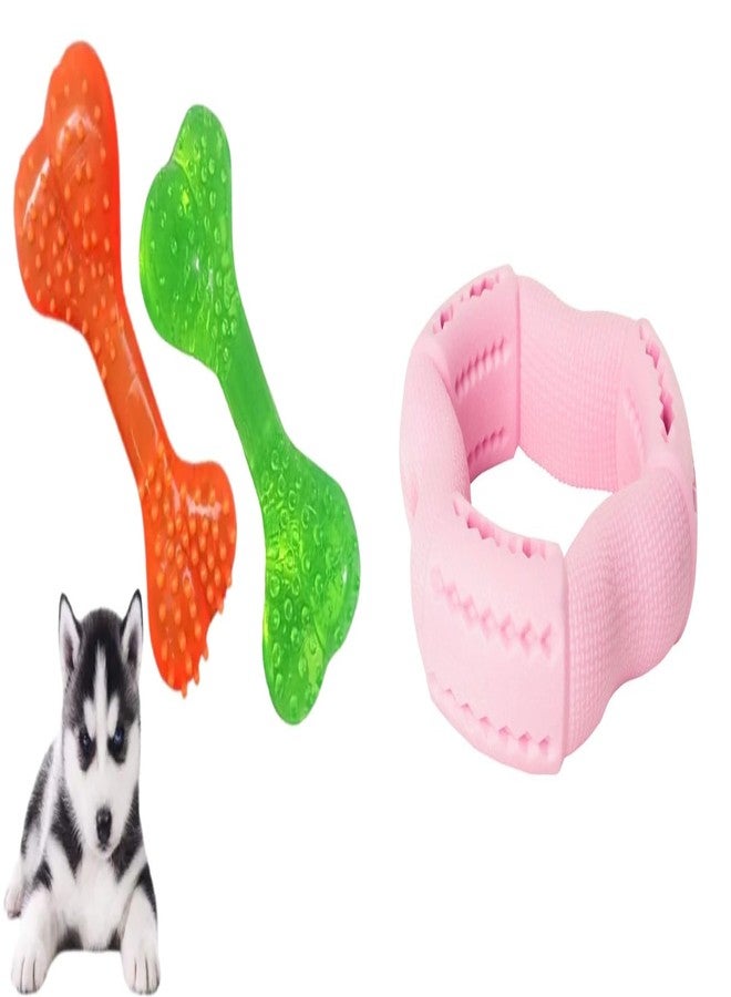 PET FUN Soft Spike Rubber Bone Chew Toy for Dogs & Puppies | Non-Toxic Dental Cleaning 3-Way Teether Tug Chew Toy for Dogs & Puppies | Rubber Treat Dispensing & Dental Care Combo of 2 - Image 1